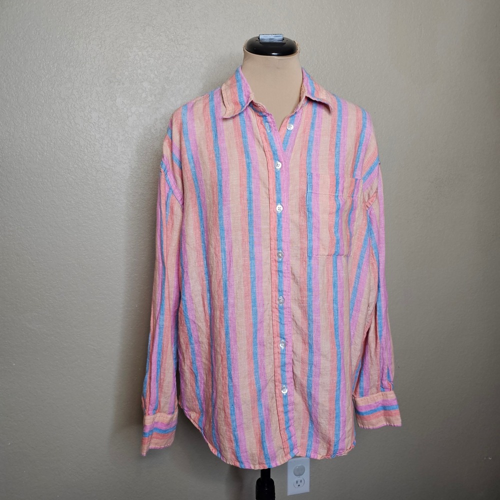 Faherty Laguna Linen Relaxed Shirt Pink Blue Orange Cabana Stripe Button Down M - Picture 3 of 10